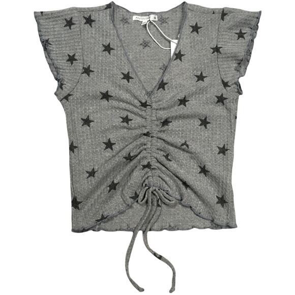 Antistar Top Grey Star Print Waffle Knit Ruched Cinch Front Cap Sleeve Juniors M - Picture 1 of 10